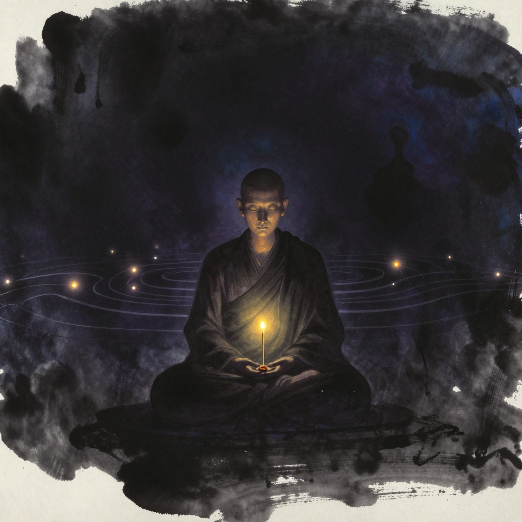 安世高：一位西域面容的僧人盘坐于暗处，双手结禅定印，面前一炷线香轻烟袅袅，身后隐约浮出数道舒缓的呼吸波纹，波纹轻柔地循环递进，余