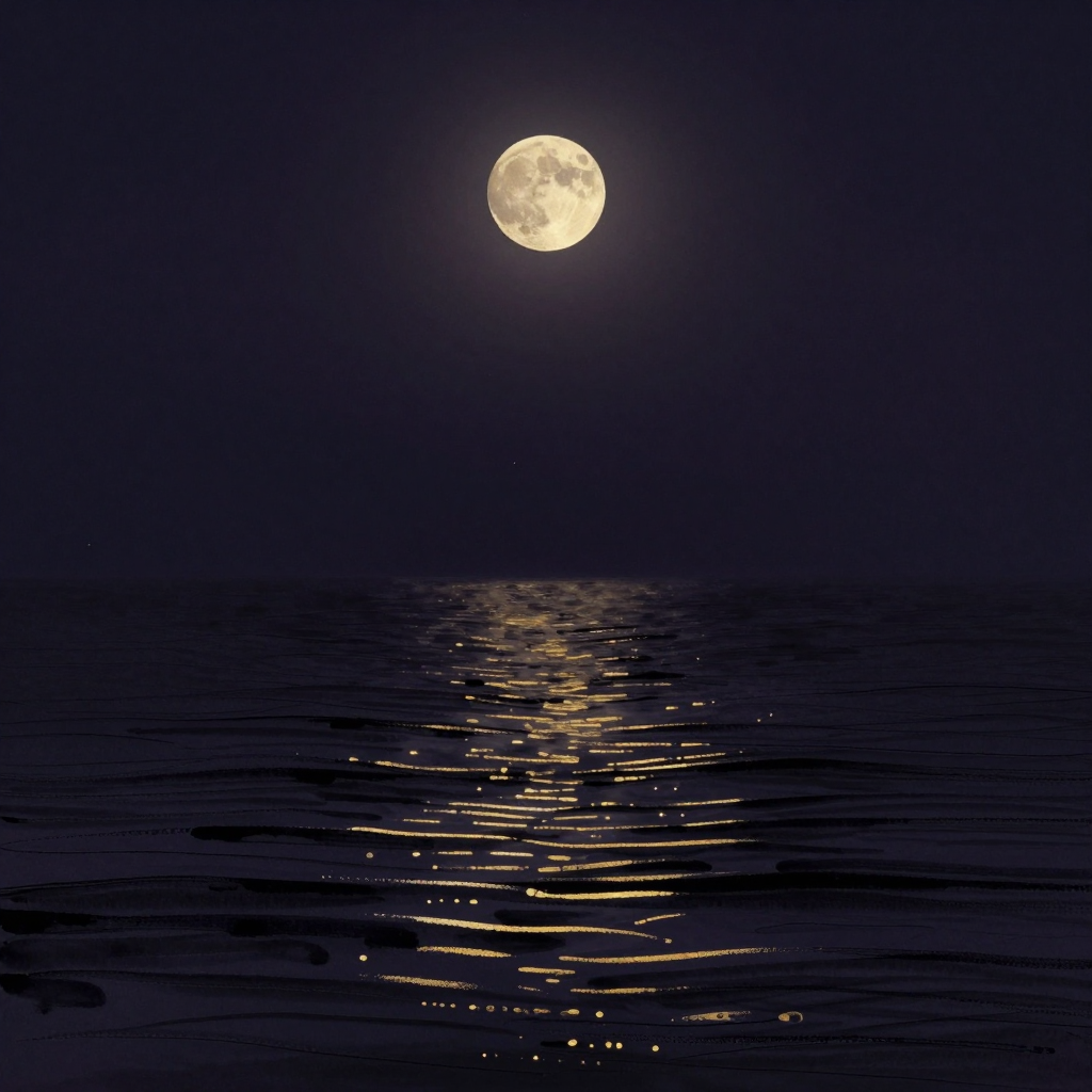 情绪潮汐：一轮半月悬于空旷夜空中，其下是起伏的海面，海面布满平行而规律的潮汐波纹，月光与海水之间留有大片空处，水面深处透出一缕微光