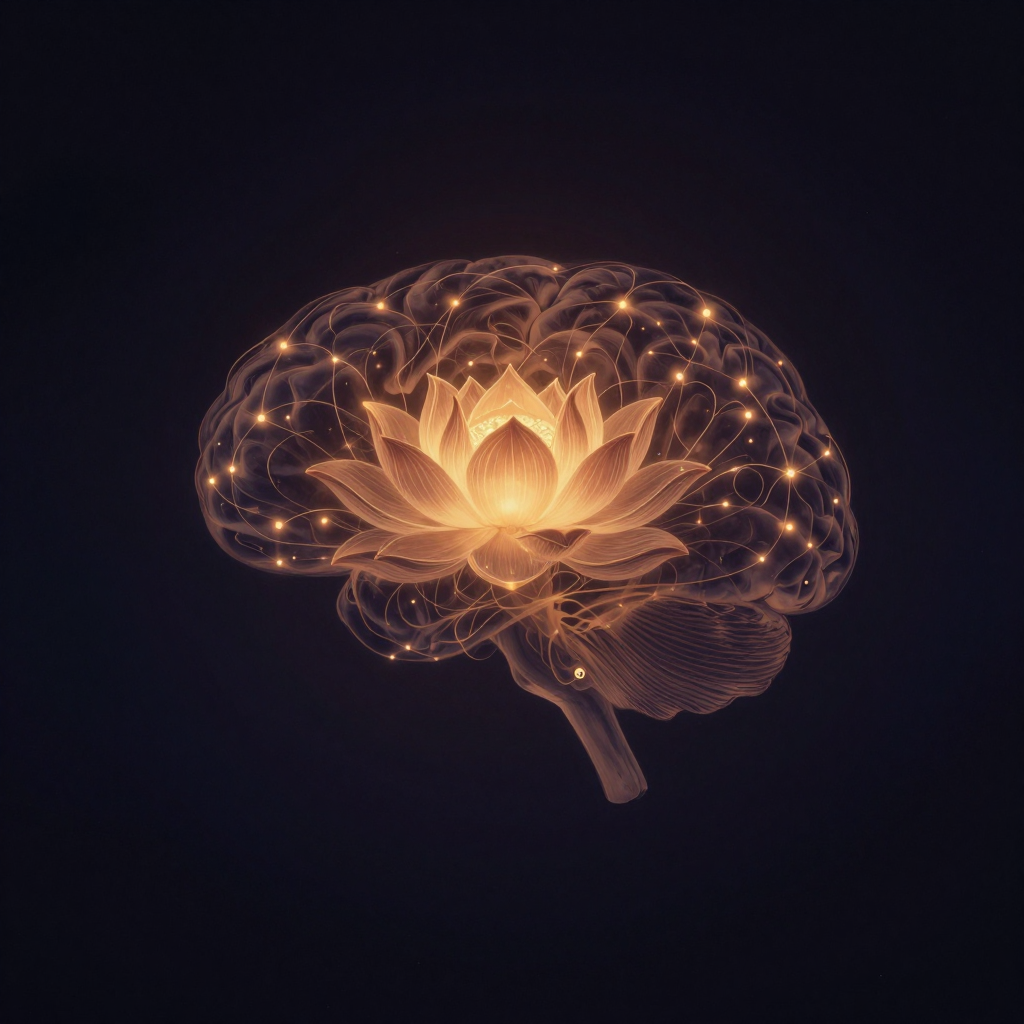 心智科学：一个清晰的脑部轮廓悬浮于大片空处，内部一朵盛开的莲花与交织的柔和发光细线相互缠绕，细线如神经网络般从花瓣间延伸，遍布整个