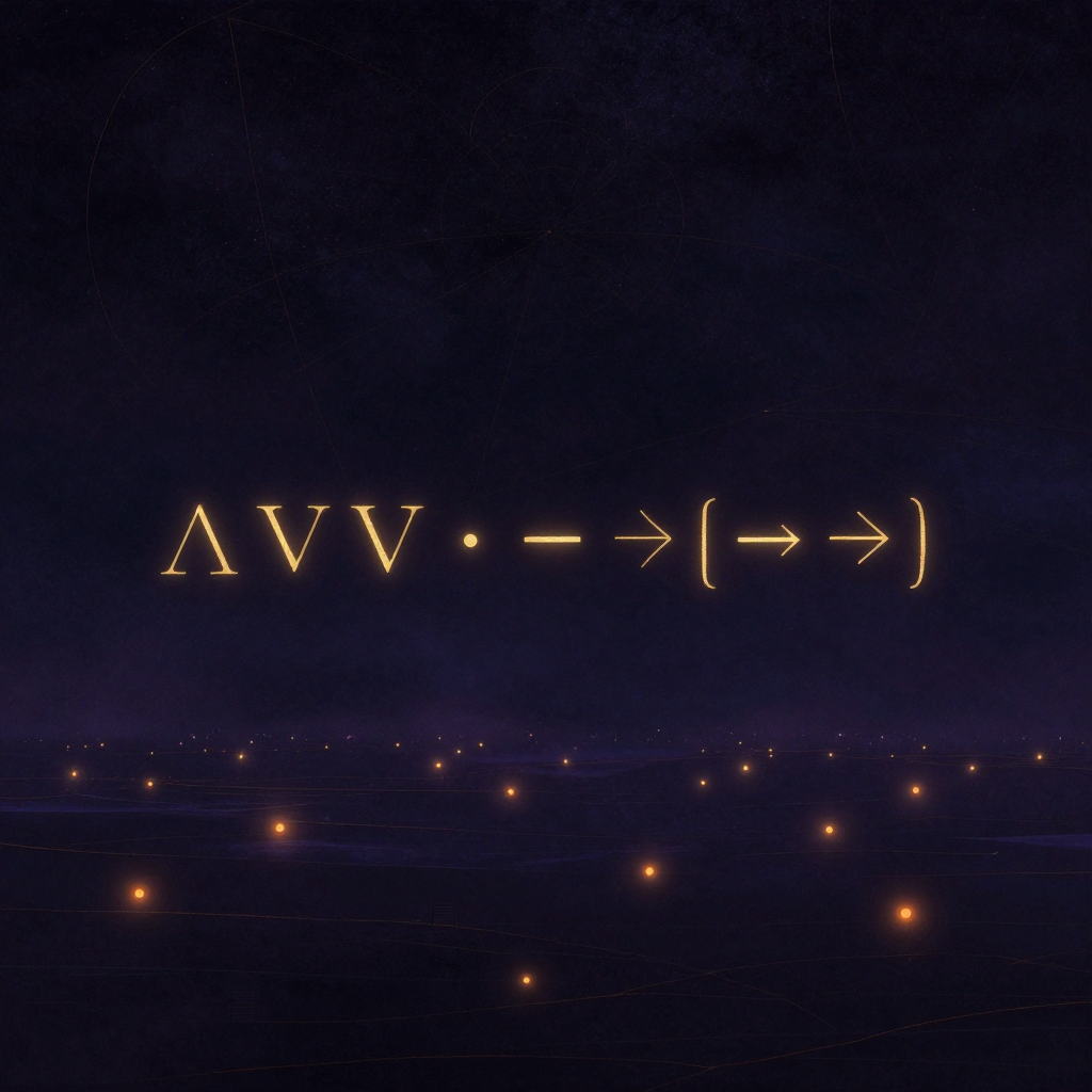 符号逻辑：一行由字母、∧、∨、¬、→与成对括号构成的符号串，悬浮于空旷深色空间正中，符号排列清晰、语法工整，如同理性思维的骨架被冷