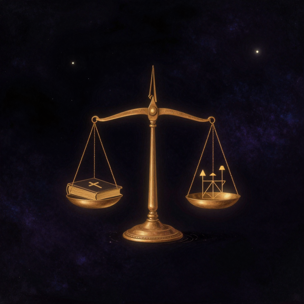 神学逻辑：一把古铜天秤悬于空旷之中，两端完全持平：一端放着一本合上的旧书与一枚简约十字架，另一端放着三段论箭头符号与几何图形，四周