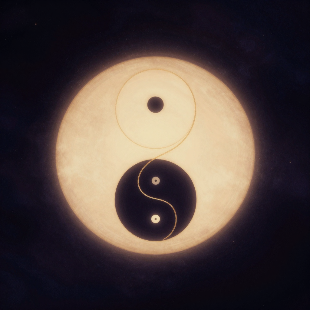 完整人格：一个由明暗两半组成的圆居于空阔画面正中，中心蜿蜒的S形曲线将两半温柔分隔与连接，白鱼有一枚黑眼、黑鱼有一枚白眼，圆外大片
