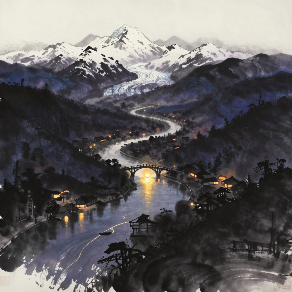 灵性传承：一条蜿蜒河流从远处雪山冰川源头流下，中游穿过古桥与村落，下游入海处水面映出现代城市倒影，两岸地貌渐变，河面开阔，整条河舒