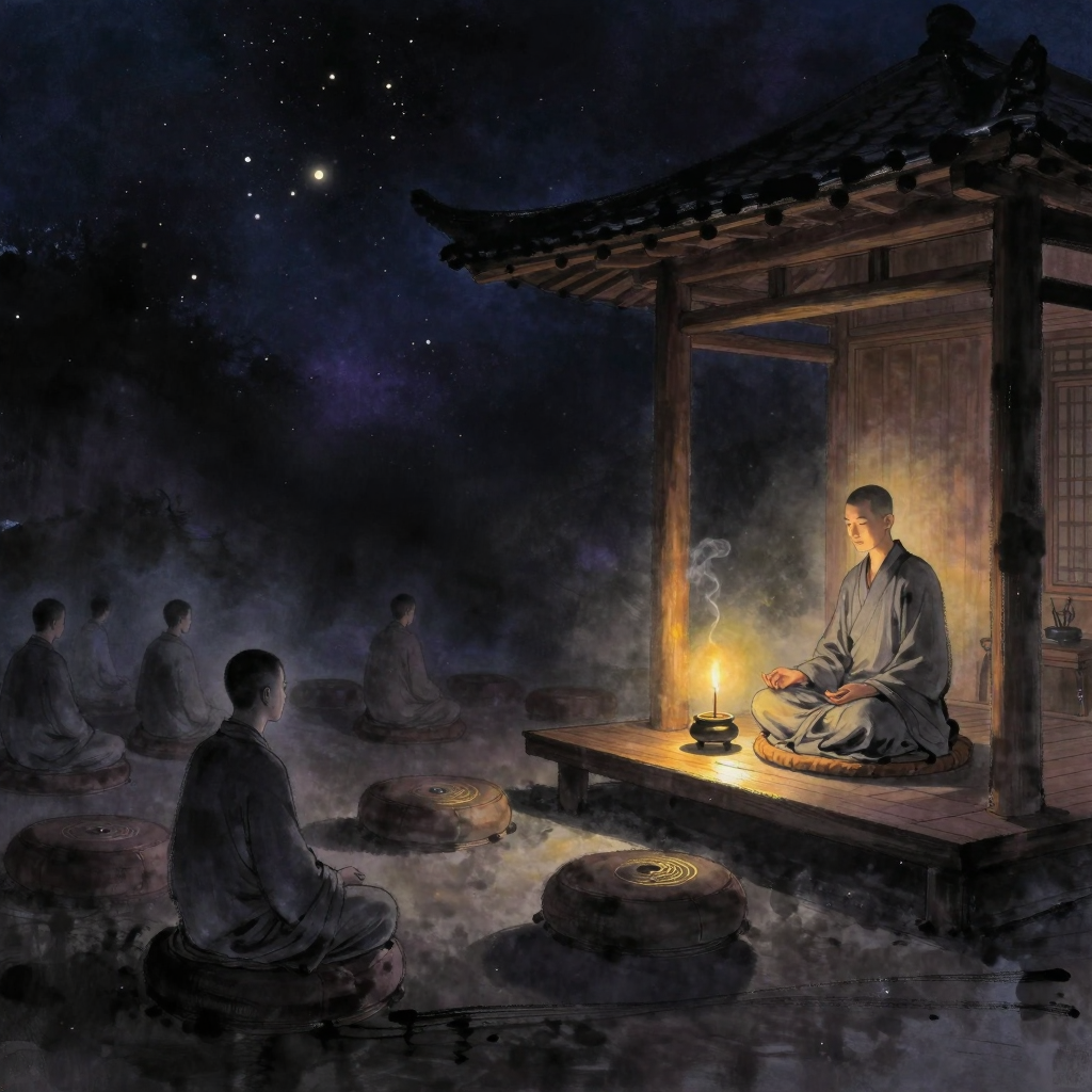寺院教育：一座简朴的木构禅堂，内部数排圆形蒲团整齐排列，僧人着灰色僧袍结跏趺坐于其上，双手结定印；低矮香案上置一香炉与一支燃起的线