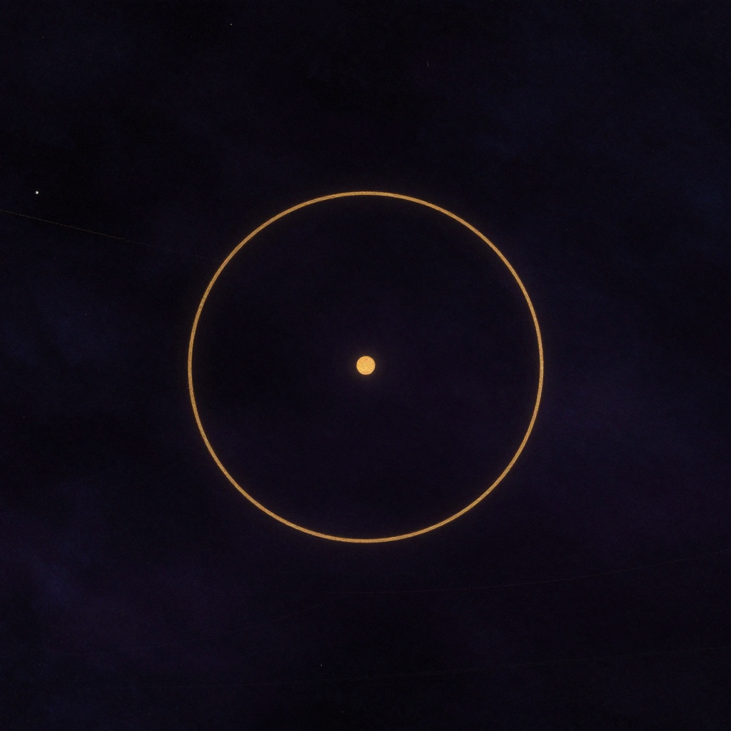 内在掌控感：一个简洁的闭合圆环悬浮于大片空处，环内正中有一枚细小圆点，环线粗细均匀、完整无缺，环与点之间留有充足空距，四周空无一物