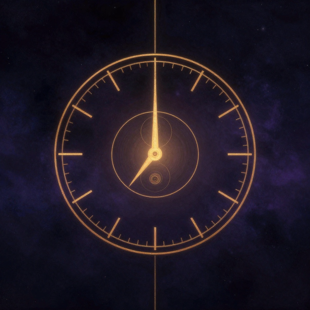 昼夜节律紊乱：一只古旧铜钟表盘悬于空处，时针与分针指向全然不同的刻度，彼此错位；背景被一道垂直的细腻分界线一分为二，左半渗入微暗、右半