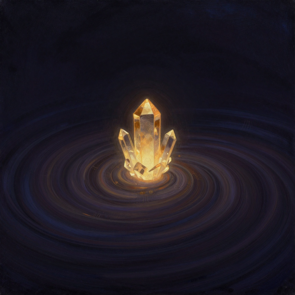 创造性涌现：大片暗色混沌漩涡纹样铺展于画面下方，中心一处漩涡边缘骤然升出一枚完整对称的发光晶体结构，晶体棱角清晰，与周围无序纹样形成