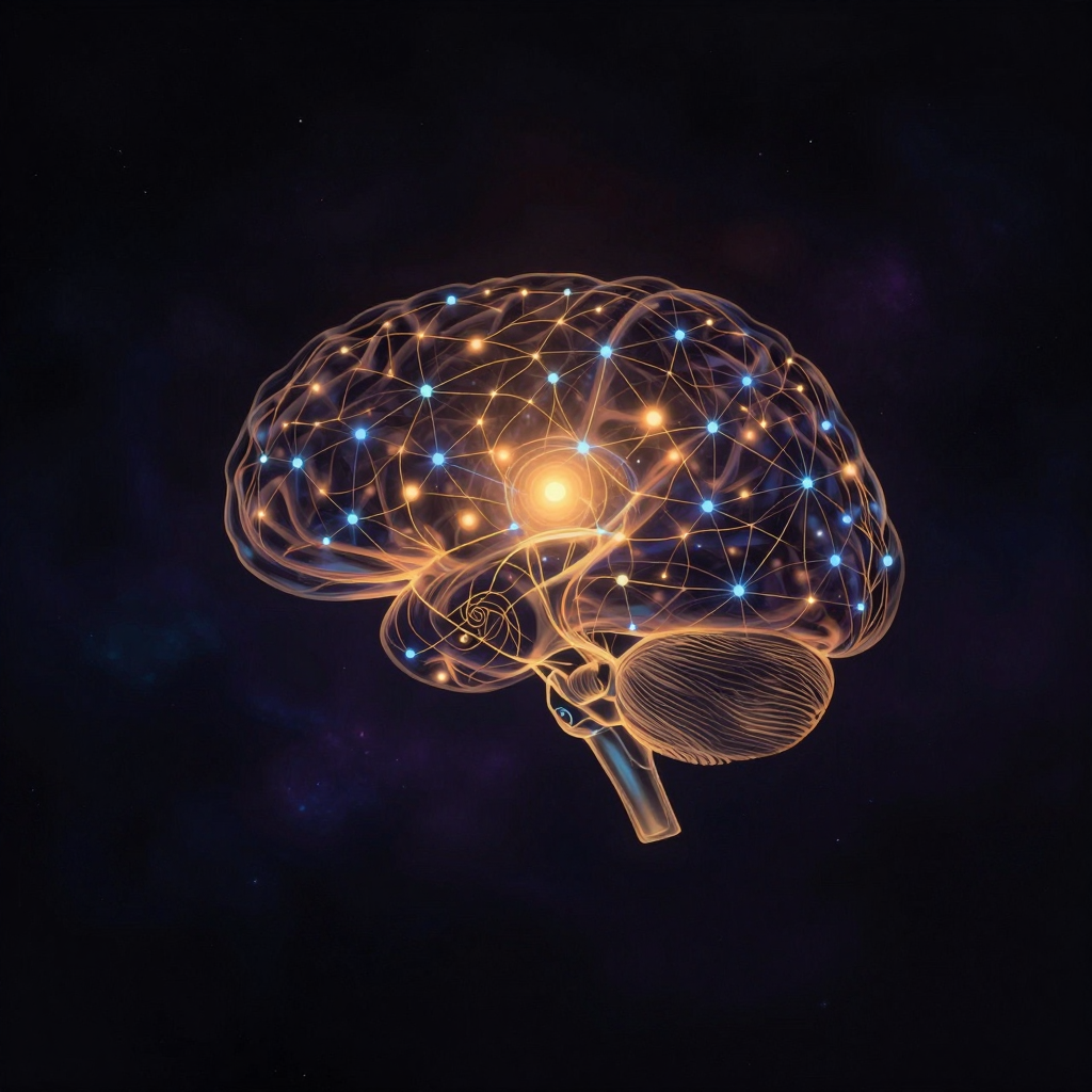 脑神经科学：一个半透明的大脑轮廓悬浮于空旷暗处，内部浮现出亮蓝色节点与纤细连线构成的神经网络，节点疏密有致如突触连接，四周隐约有fM