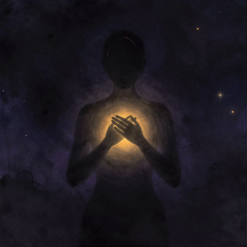中丹田：一幅安静的人体上半身剪影，双手轻轻覆于胸口正中，掌心下隐约透出一团柔和温暖的光晕，光晕呈微妙脉动辐射状，四周大片留白，光