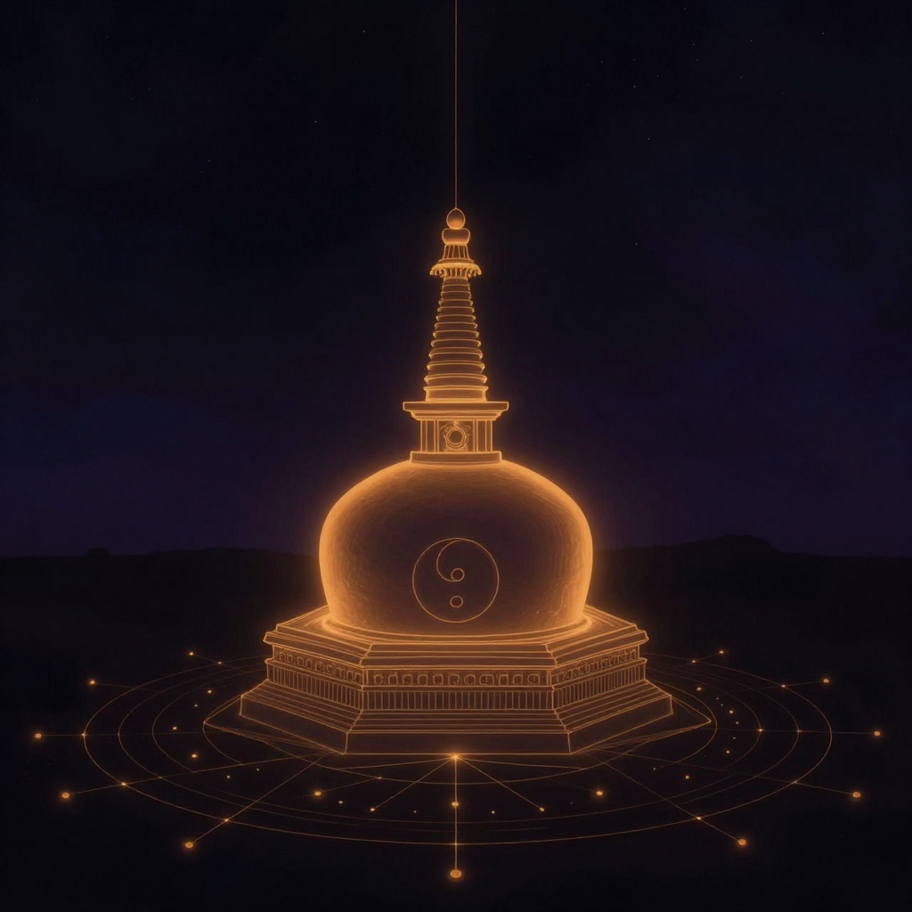 佛塔：一座桑奇大塔形制的覆钵式佛塔立于空旷大地：方形塔基沉稳展开，半球形覆钵饱满居中，塔顶相轮层层收束向上，伞状圆盘细长耸立；