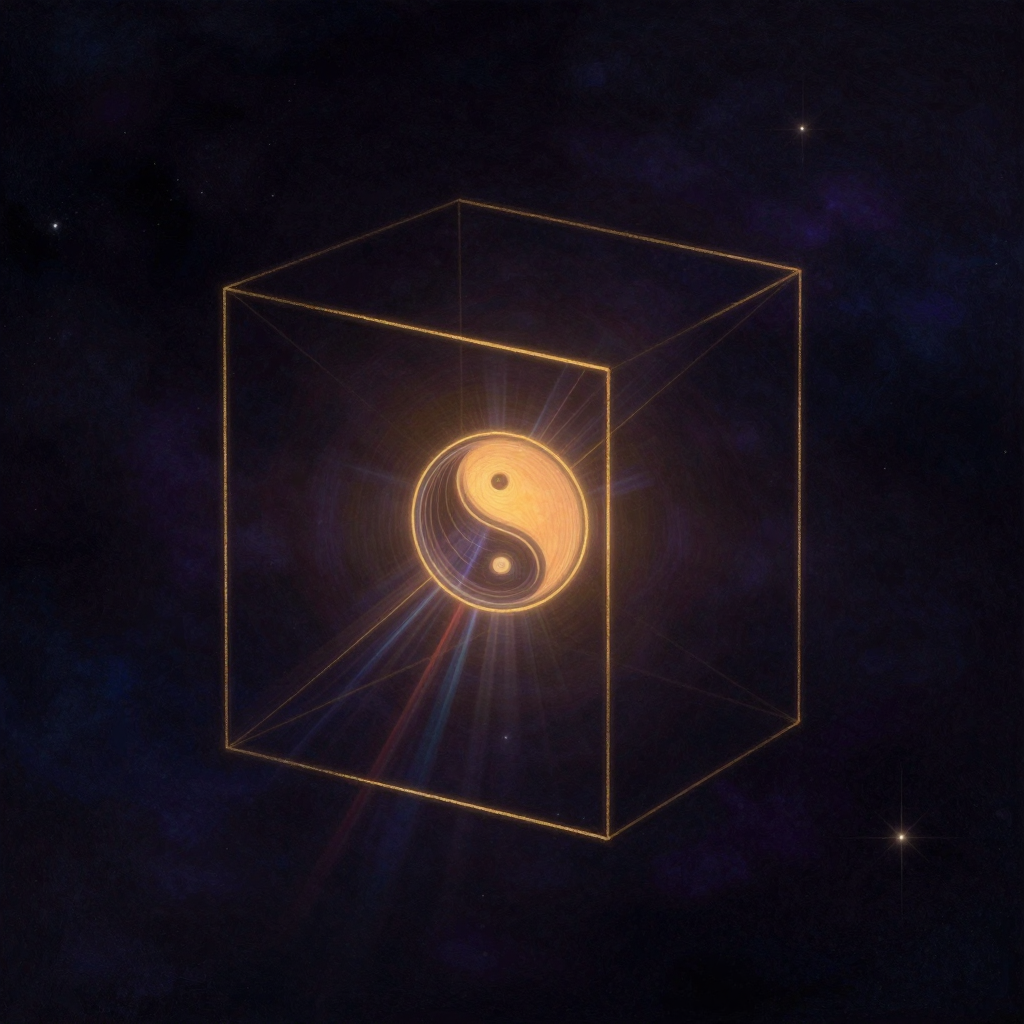 认知范式：一个半透明的立方体框架悬浮于空，框架线条清晰利落，内部中央悬着一副圆框透镜，光线自一侧射入，穿过透镜后在框架内散为多束细