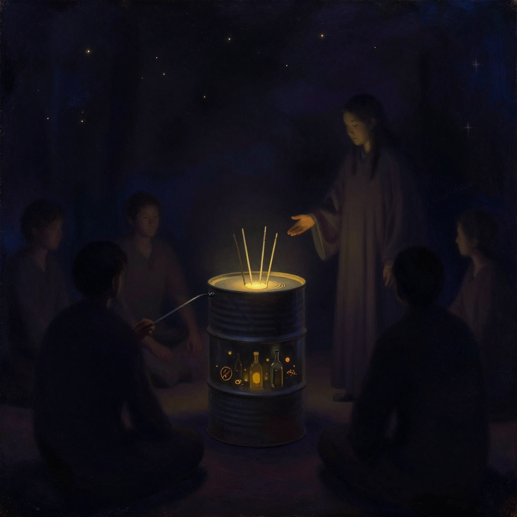 麦斯麦术：一只厚重铁桶置于暗室中央，桶盖有孔，数根铁棒从孔中伸出，桶身隐约可见内部铁屑与玻璃瓶的轮廓。患者围绕铁桶而坐，手持铁棒一