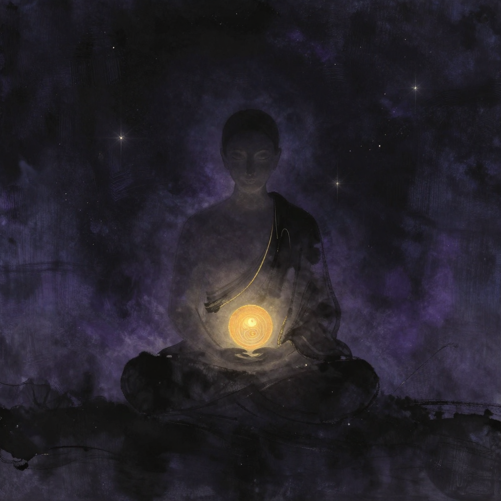 直觉能力：一个闭目静坐的人形轮廓，姿态安详，置于空旷之中，胸口至腹部位置透出一团柔和的微光，是画面唯一的暖意来源