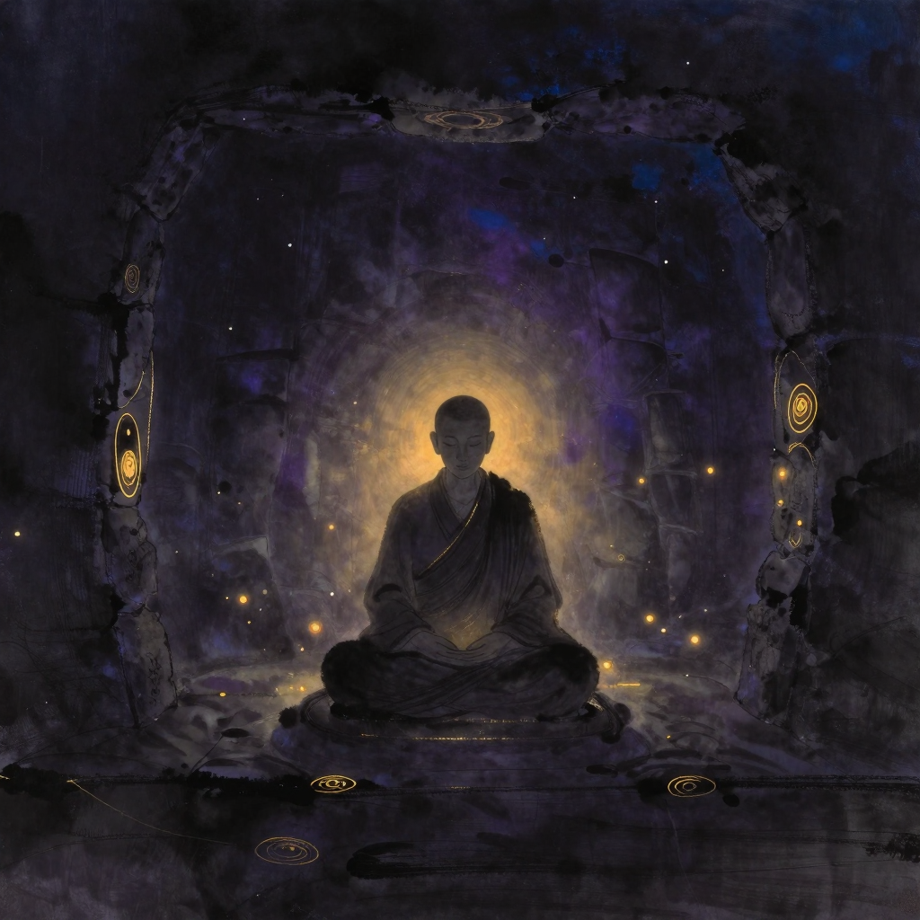 默观祈祷：一位修士静坐于简朴石室中央，双手轻放膝上，目光低垂，面容安详，四周空无一物，只有石墙的粗粝质感延展至大片空处，室内深处有