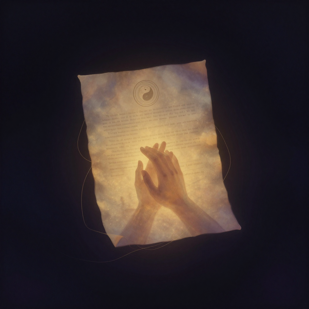 能量契约：一张半透明的旧羊皮契约悬浮于空旷暗处，纸面模糊映出一对交握的手影、轮廓朦胧，数缕极细光丝从纸缘向外蜿蜒延伸，没入四周空寂
