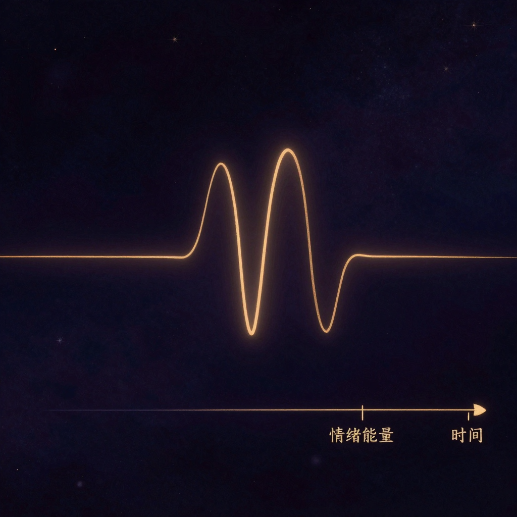 情绪节律：一条平滑的正弦波曲线横贯画面，标注‘情绪能量’与‘时间’的坐标轴位于下方，波峰与波谷之间过渡圆润自然，曲线呈现对称的周期