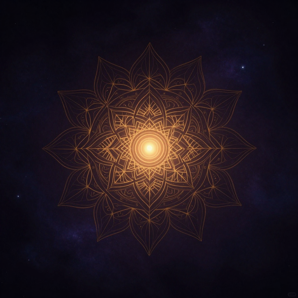 宇宙蓝图：一座对称的圆形曼陀罗浮于空旷深色空间之中，中心一点光向外辐射，外层有精密细刻的同心圆与花瓣状结构，线条清晰，整体自成一体