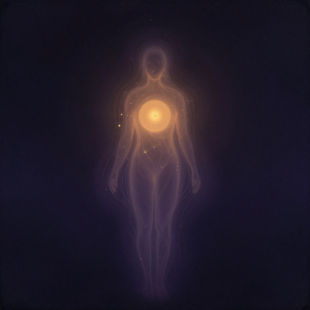 生物场研究：一具静立的人体轮廓居于中央，周围环绕多层半透明的流线型光晕，细微电磁弧光与光点如粒子流般在光晕中游走，余处归于空旷，人体