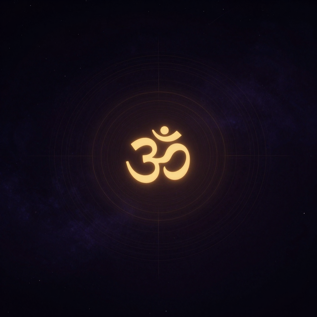 音节：一个发光的梵文“唵”符号（ॐ）悬浮于深色空旷中央，周围环绕着从中心向外扩散的同心声波涟漪，涟漪线条细密均匀，渐远渐淡，融