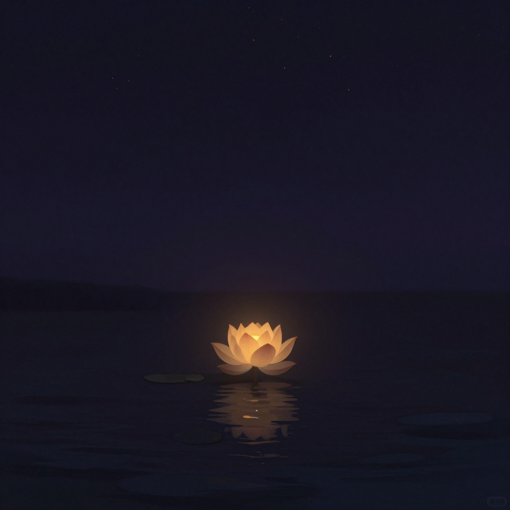 正向情感：一朵含苞待放的莲花亭亭立于幽暗水面上，花瓣微启，中心透出一缕极细微的暖光，四周大片留白，余无一物