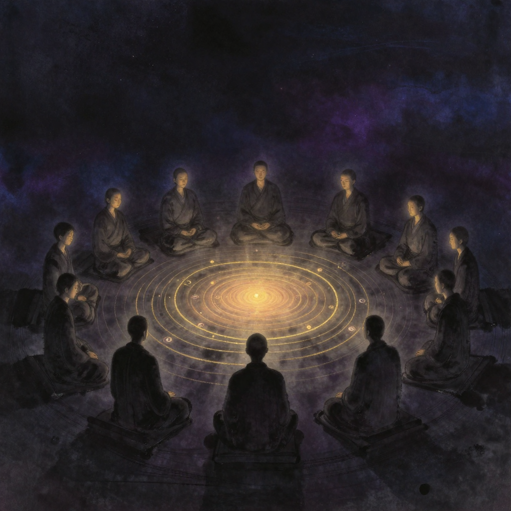 齐颂圣名：一群修行者围坐，口中同步念诵，声波从每个人口前以同心圆向外扩散，彼此交织成网状振动纹理，中心一处柔和光点隐约浮现，四周大