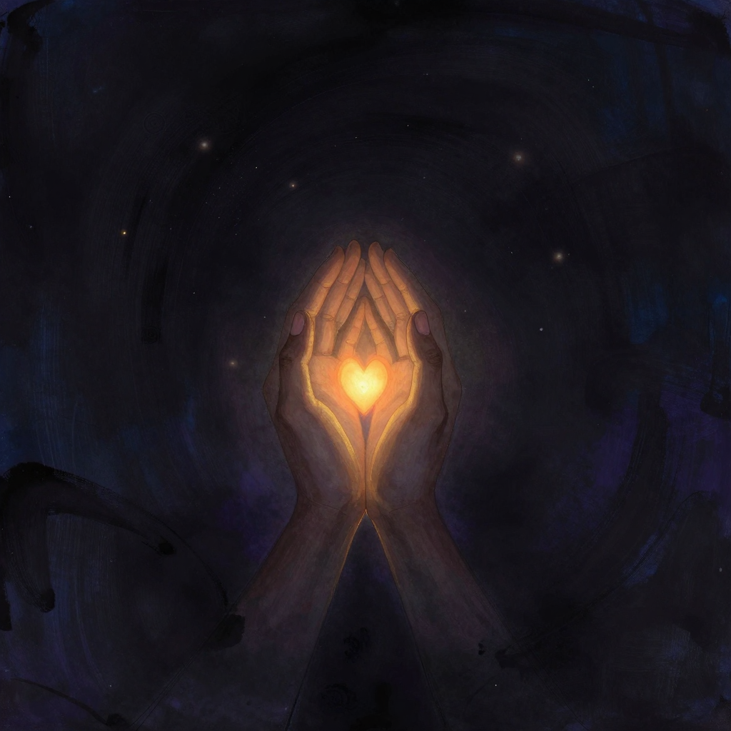 bhakti：一双合十的双手(Anjali Mudra)置于画面中央，手指并拢、掌心微凹，一缕心形火焰从掌心缝隙间安然升起，四周广袤留