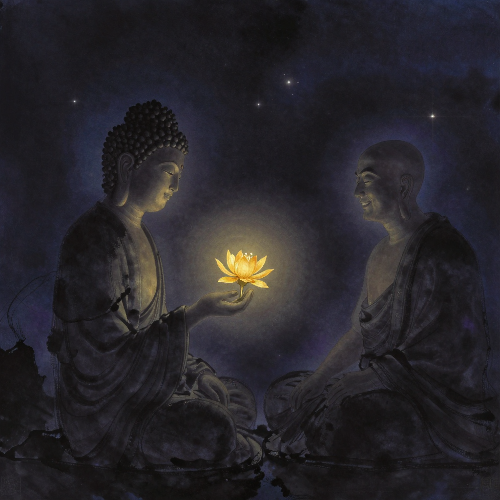 瞬时关联：佛陀侧身立于灵山法会一隅，手指拈起一朵金婆罗花，花瓣舒展；迦叶尊者在他对面，嘴角浮现一抹会心微笑，二人之间留出大片空旷，