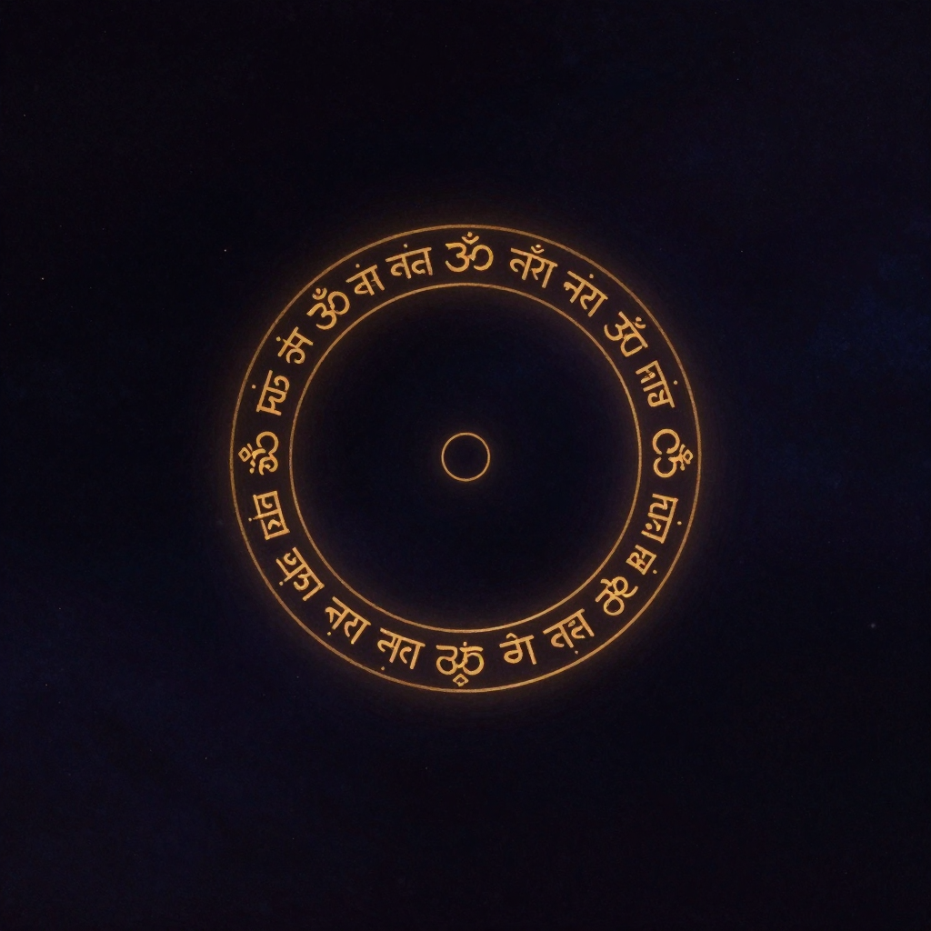 字轮观：一个由梵文天城体字符（如ॐ）排列成的圆环，顺时针旋转，悬浮于大片空旷中，圆心有一枚细小的空点（bindu）。字轮边缘透出
