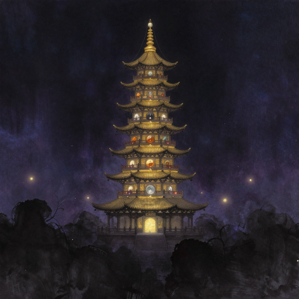 七宝楼台：一座七层楼阁式宝塔，层层向上收窄，每层飞檐下以不同宝石（金、银、琉璃、玻璃、砗磲、赤珠、玛瑙）镶嵌装饰，底层宽大、顶层尖