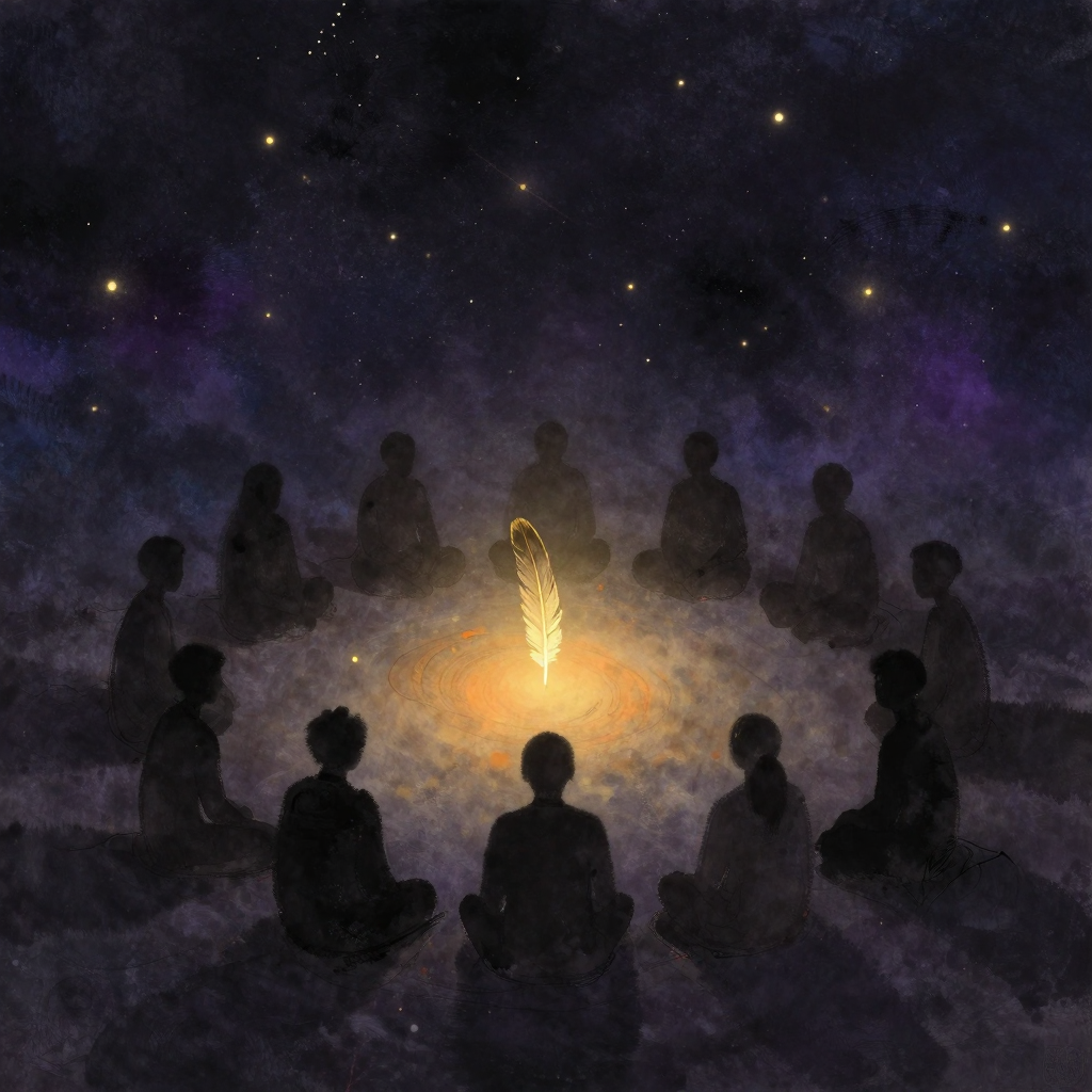 圆圈对话：一轮完整环形的人影围坐于空旷之中，皆面向圆心，圆心地上斜放一根羽毛，是画面唯一的微光落点