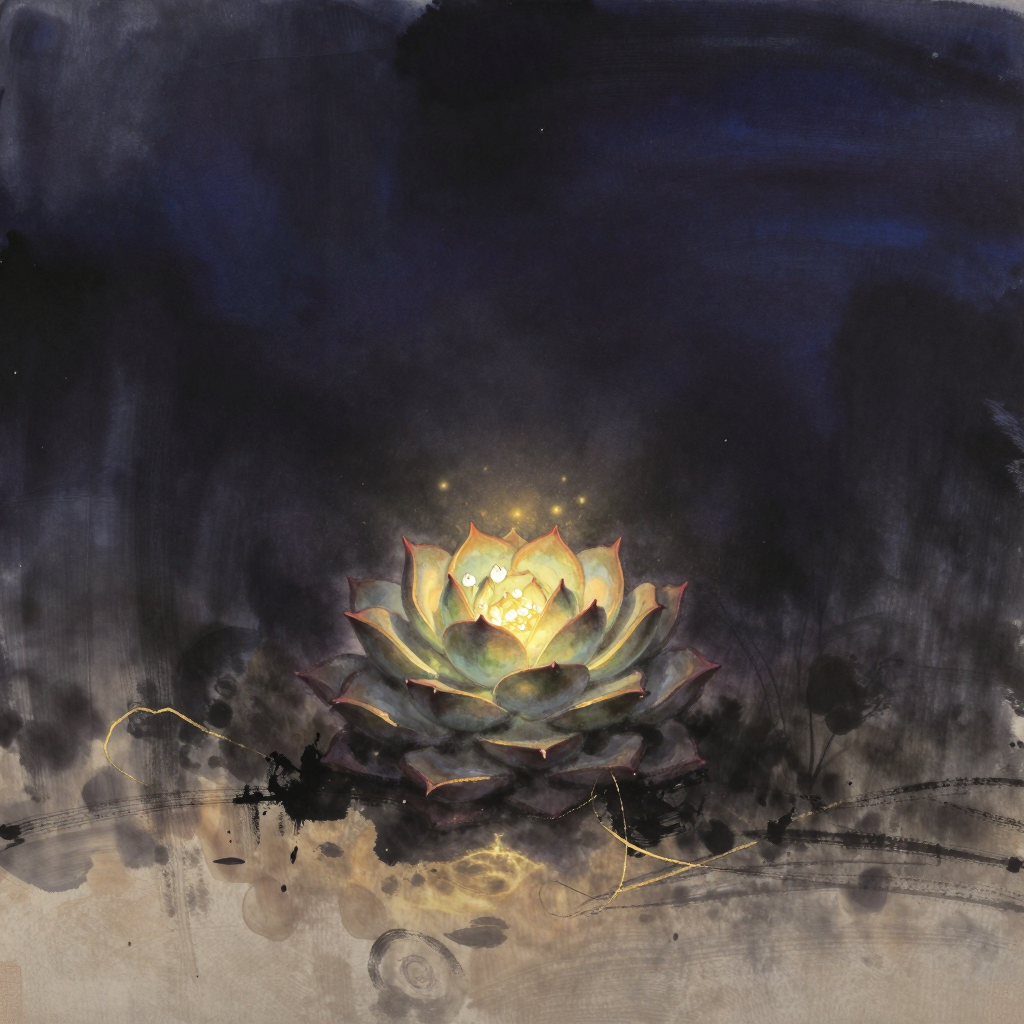 坎纳：一株Sceletium tortuosum多肉植物居于画面中央，肉质叶片紧密排列成莲座状，中心绽出几朵淡白色小花，植株旁