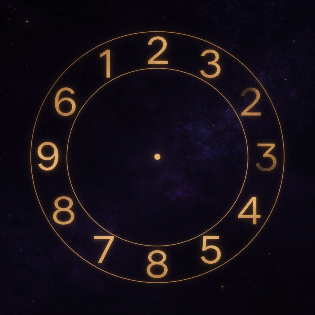 数字符号：1至10十个数字以等间距围成完美环形，中心留白仅含一个极简圆点，数字用朴素无衬线体清晰可辨，整体对称平衡，置于空旷深色底