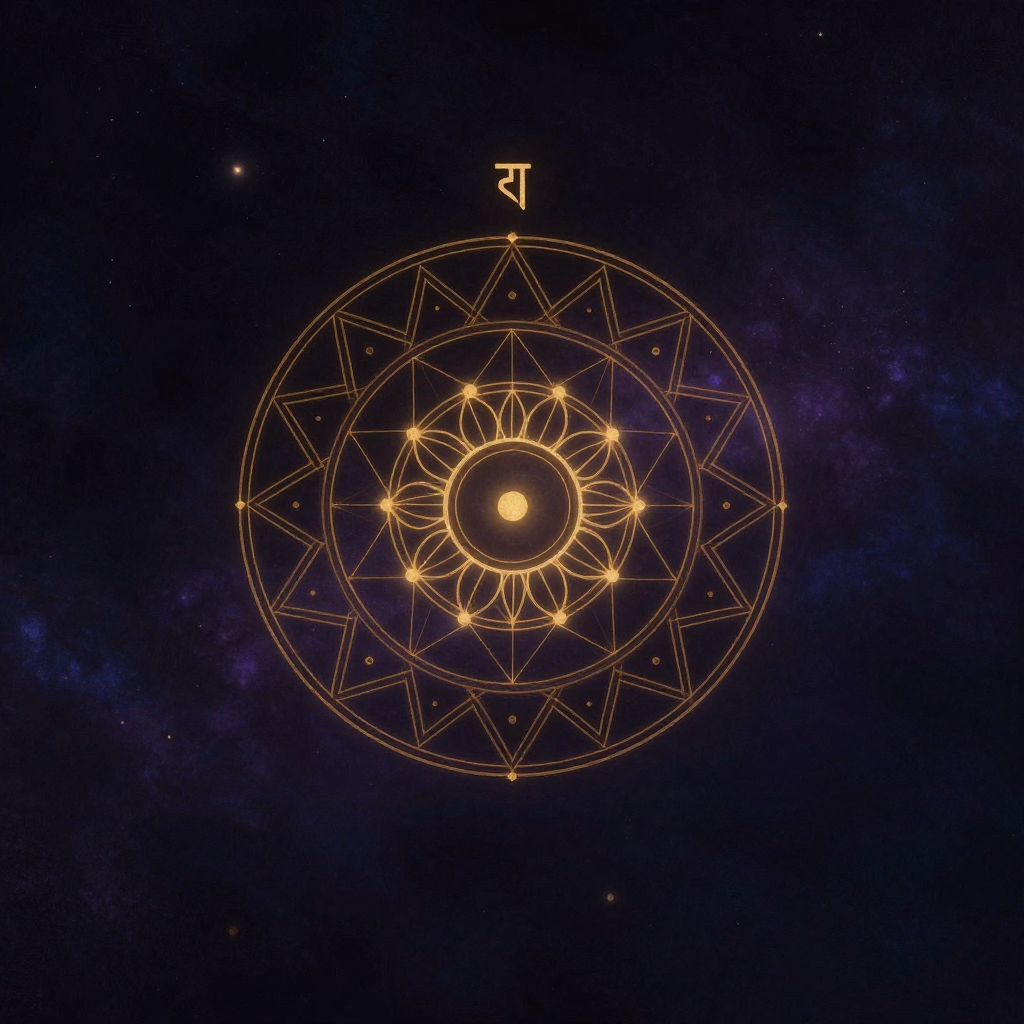 吠陀科学：一个由精密对称几何线条构成的曼陀罗圆环，中心为一点，上方悬着梵文音节符号，整体悬于空旷深处，线条均匀清晰，是画面中唯一的