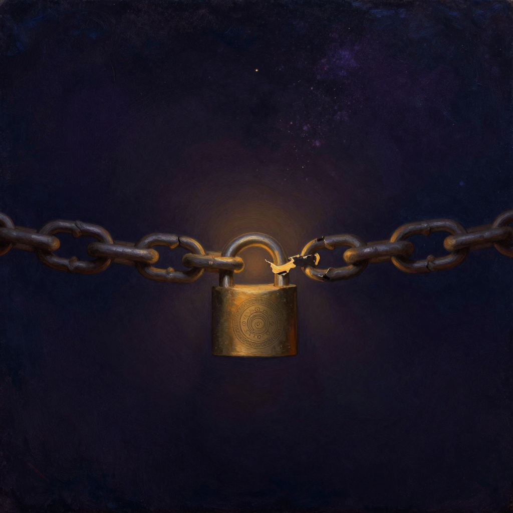 集体创伤：一条粗重的古旧锁链横向贯穿画面，其中三处环扣呈非自然扭曲断裂状，某些完整环面上隐约浮现群体面孔的浮雕纹理，链体孤立于大片