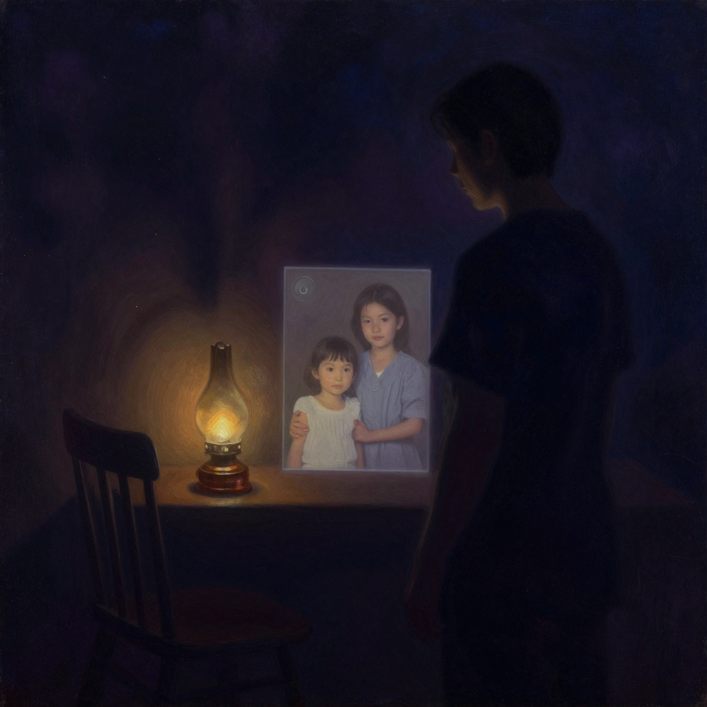 移情：治疗师侧面轮廓立于昏暗诊室，一幅半透明的童年合影精准叠映在其身影上，照片中父母形象依稀可辨，空椅旁侧一盏铜灯是画面唯一的