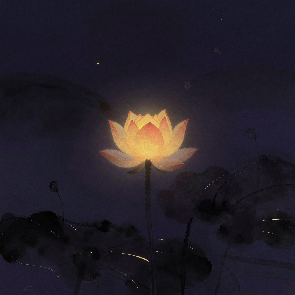 神秘主义：一朵含苞待放的莲花立于墨色深水中央，花瓣尖端泛起微光，根部隐于水下暗处，四周归于空旷