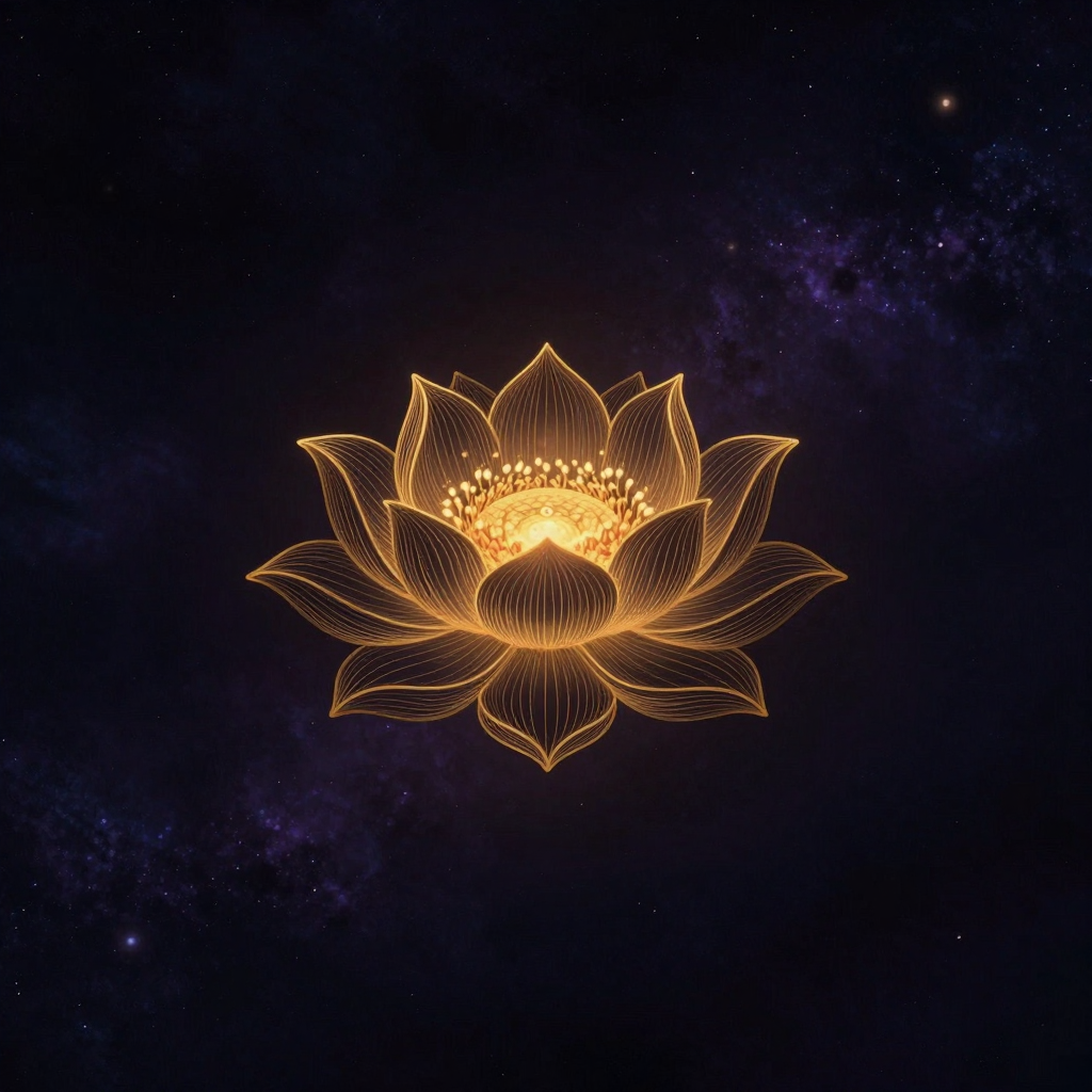 法相宗：一朵盛开的莲花托起中心八瓣金轮，每片金瓣纹理清晰象征不同心识，花蕊处微光凝聚如智核，整朵花悬浮于大片空处