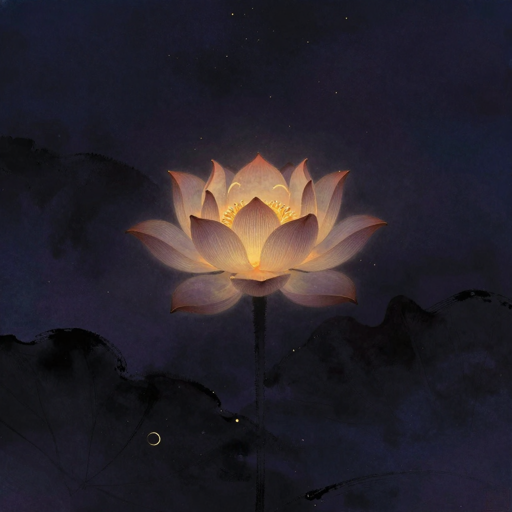 观想：一朵盛开的莲花悬于虚空中央，花瓣层叠舒展，纹理清晰可辨，花心微倾似正被无形之手拈起，四周大片留白，莲心深处泛着一处暖意