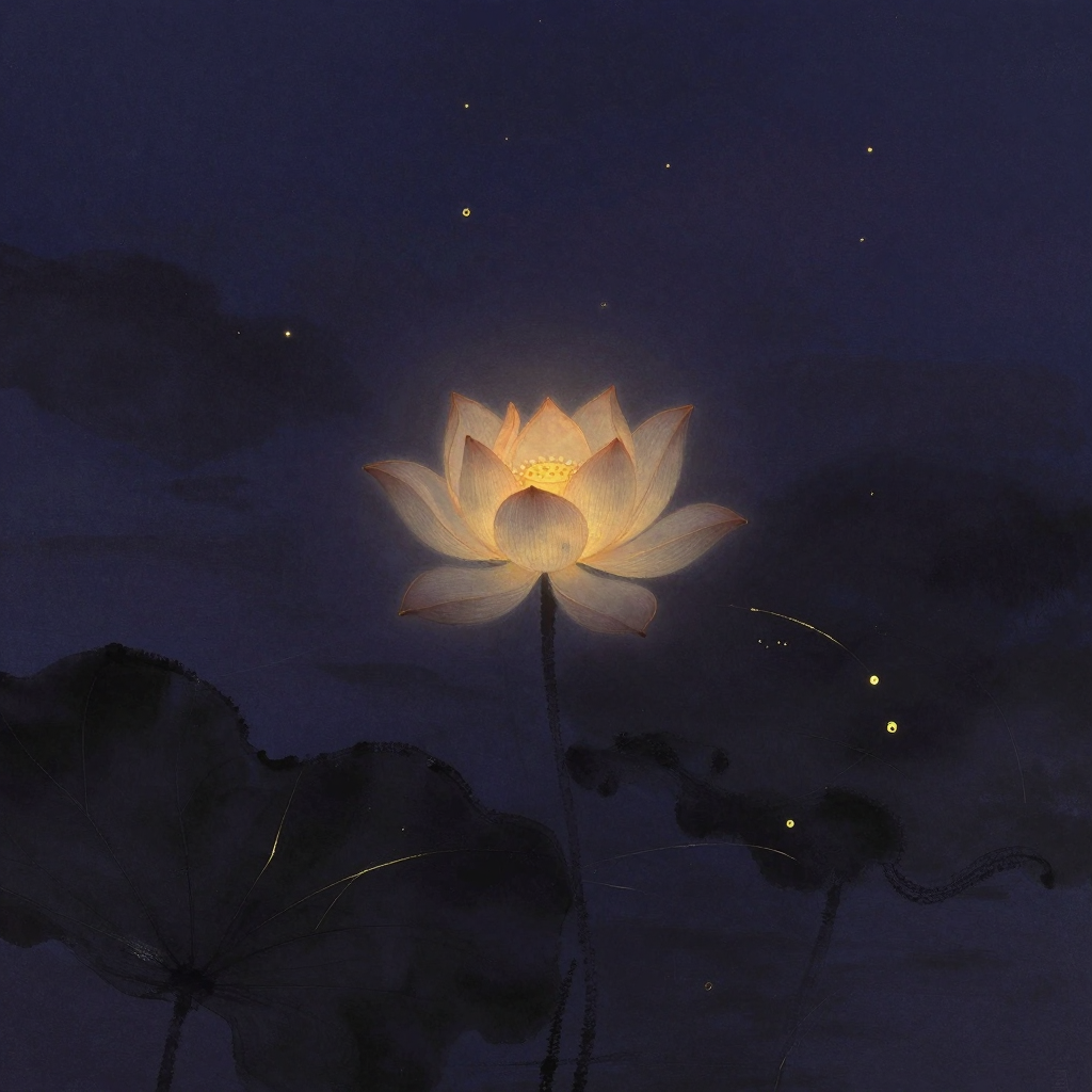 佛性：一朵含苞待放的莲花立于近水处，花瓣微启如将绽未绽，四周大片空寂，莲心透出一处极含蓄的暖意