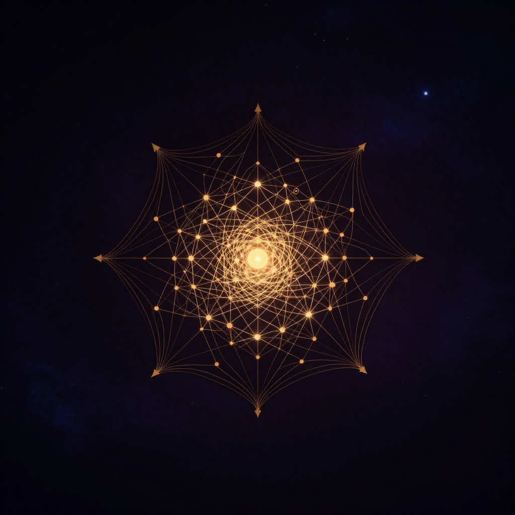 语境行为科学：一个由细线交织成的三维动态网状结构悬浮于空处，节点间有纤细箭头连接表示流动关系，网络某处枢纽微微透出一点暖意
