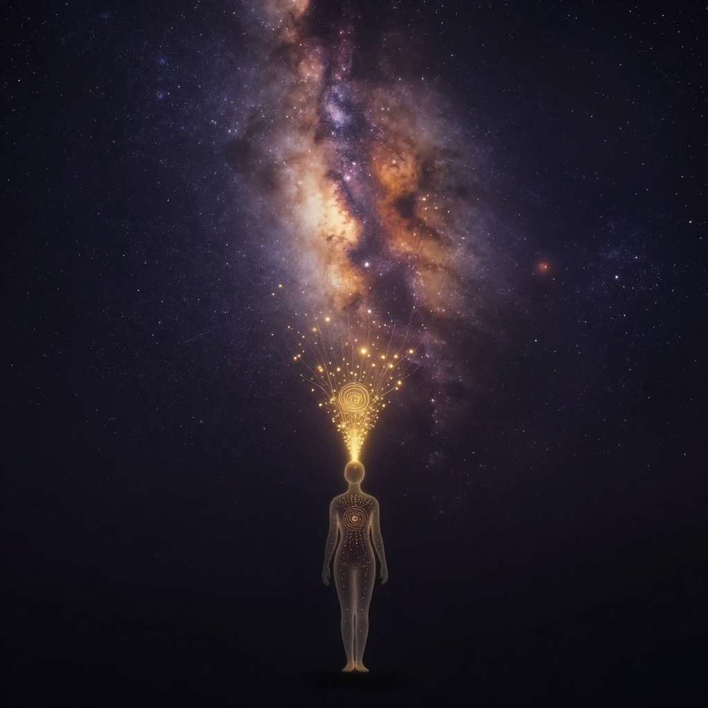 超个人：一个半透明的人形伫立于画面下方，其轮廓从腰部向上逐渐融解为细密光点，向上延伸成一片浩瀚星云，连接处无硬边界而如自然渐变，