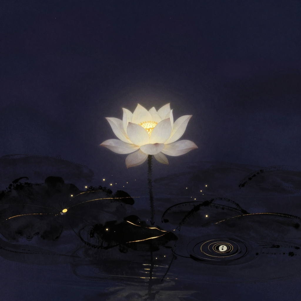 梵我合一：一朵白莲从深色淤泥中完全升起，花瓣舒展绽放，花心含着一处微光，四周大片空旷水域