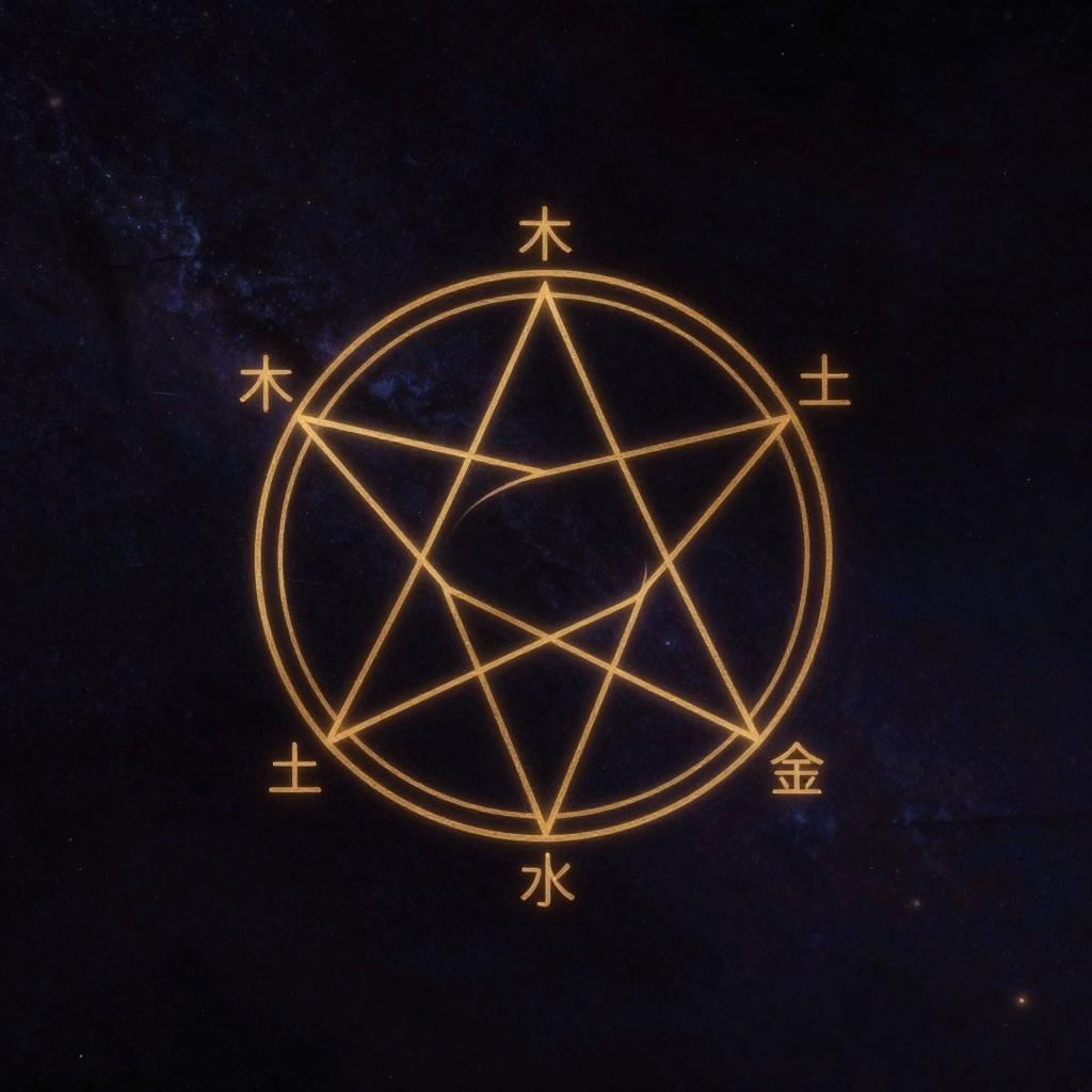五行：一个精确的五角星几何图形置于近黑背景中央，五个顶点分别标注木火土金水，顺时针方向的连线表示相生关系，五角星内部的交叉线表