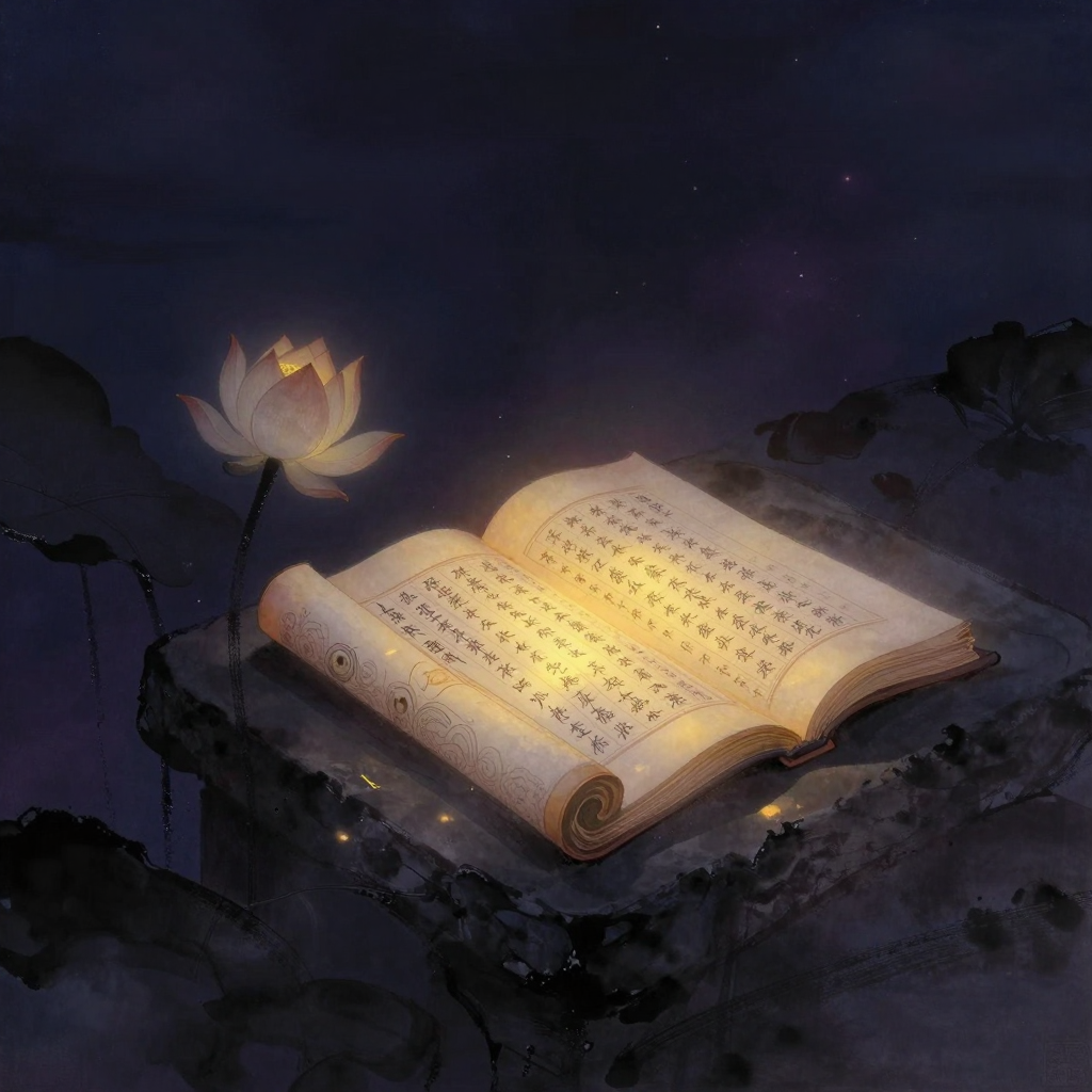 天台宗：一卷摊开的《妙法莲华经》经卷静置于石台，经卷标题清晰可见，书页自然微卷，左侧有一朵含苞莲花与之相依，四周归于大片空处，莲