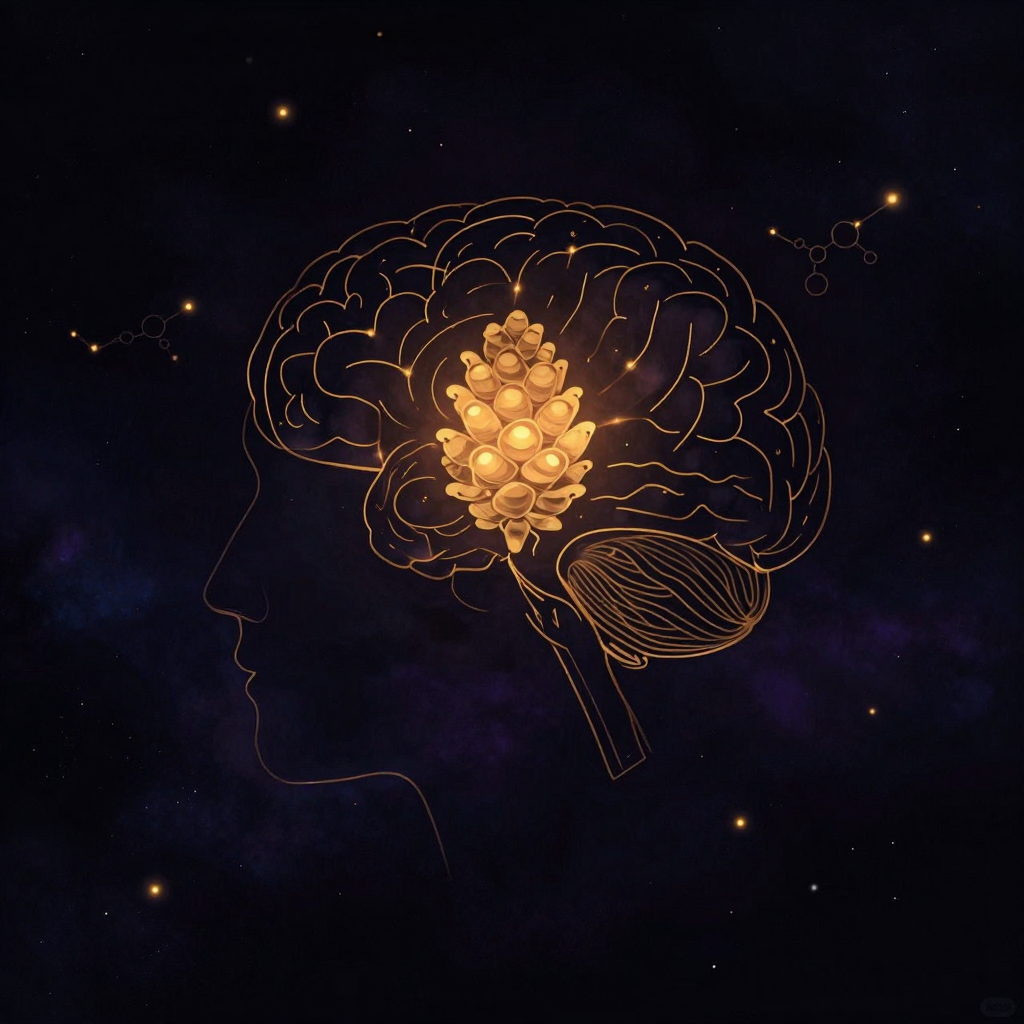 生物节律：人脑侧面轮廓的间脑位置浮现一颗松果状腺体，周围隐约环绕着褪黑素分子结构的光点链，背景留有大片暗处，松果体表面映出一层极微
