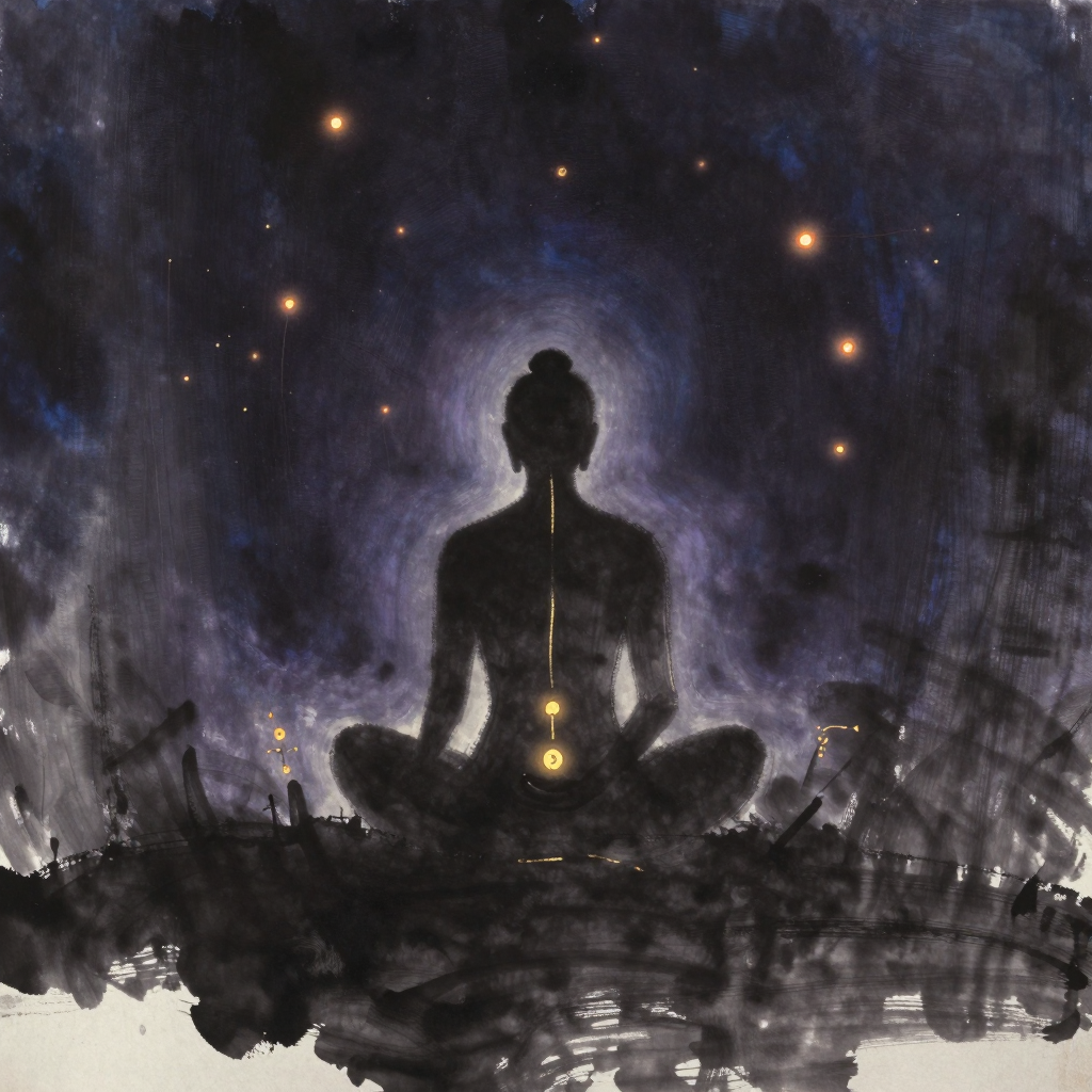 体式：一个盘莲花坐的人影背影居于画面中央，双腿交叉脚背抵大腿根部，脊柱笔直如莲茎向上延伸，双手轻搭膝上，四周大片空处