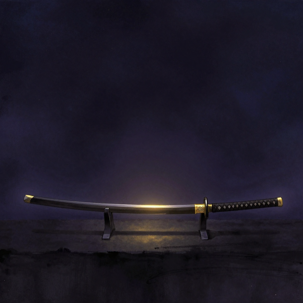 武士道：一把未出鞘的武士刀水平置于深色台面，刀鞘与刀柄呈典型比例，十字形刀镡清晰可见，柄卷绳纹细致缠绕，刀身整体线条简洁利落，刀