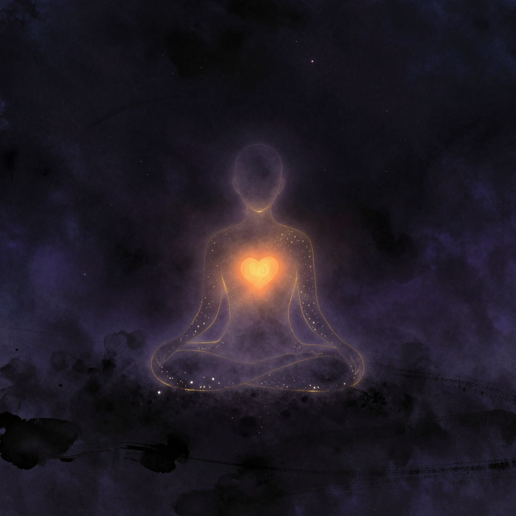 个人：一个半透明的人形剪影以盘坐姿态居于画面中央，轮廓边缘分布着细微光点如星尘流动，四周归于空旷，剪影心口处有一处极柔和的暖意
