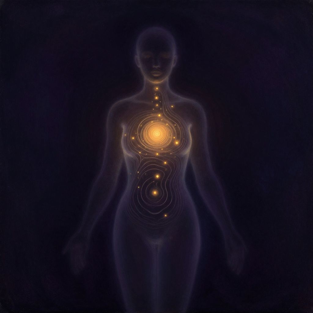 身体感觉：一个半透明的人体轮廓孤立于空处，内部有细微的光点与波纹在流动，心区密集光点、腹部泛着缓慢涡流、喉部有轻微颤动，整体如一幅