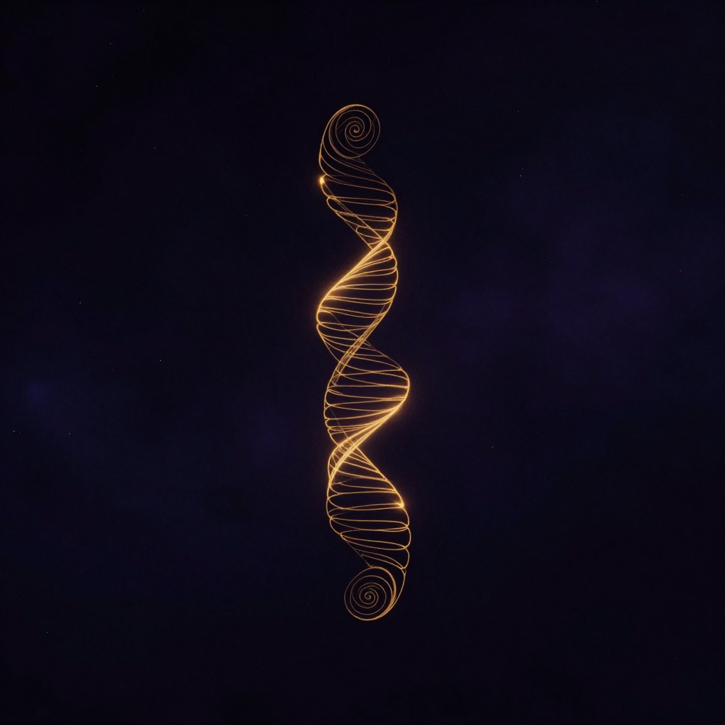 混沌理论：三维空间中一条精密如蝴蝶振翅的双螺旋轨迹，以极细金线连续勾勒，轨迹永不重复相交，悬浮于大片深邃空处